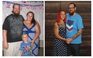 Maggie and Jason LeGrange before (left) and after metabolic/ bariatric surgery. After surgery, Maggie was able to conceive and deliver two more children after years of infertility caused by obesity.